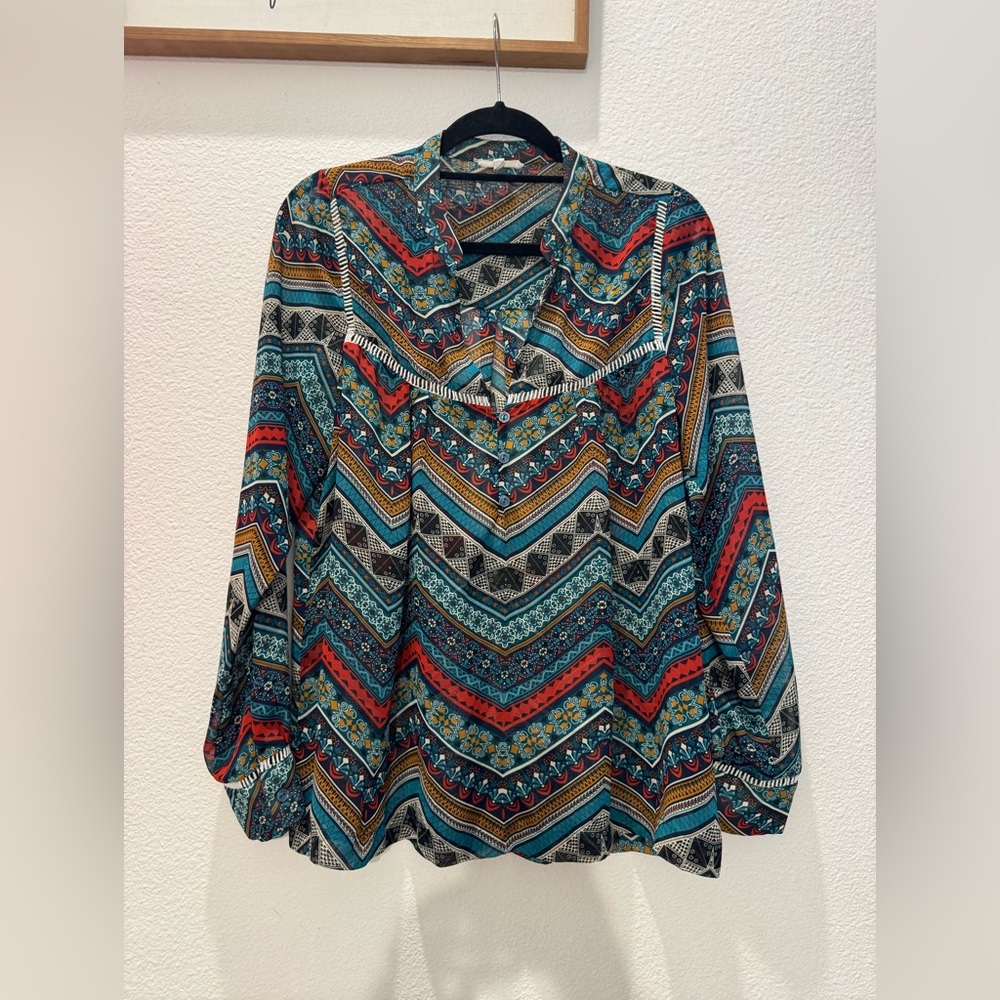 Blue and red Aztec print lightweight tunic multi color blouse.